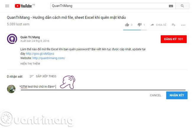 Cách viết chữ in đậm, in nghiêng, gạch ngang,… trên Comment Youtube