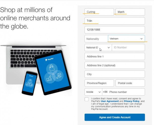 Điền thông tin cá nhân khi đăng ký PayPal