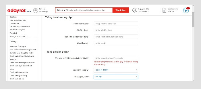 Form đăng ký tài khoản bán hàng trên Adayroi