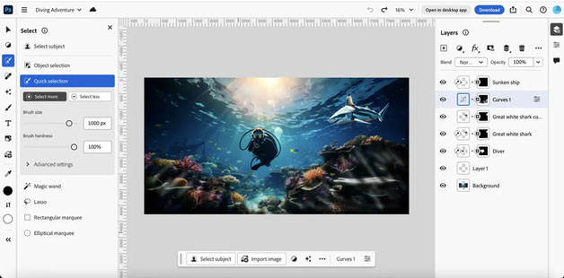 Giao diện chính của Photoshop web.