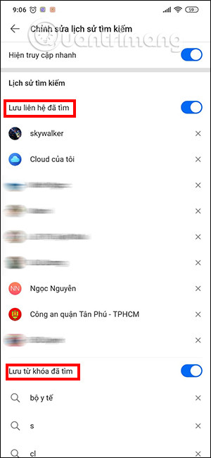 Giao diện hiển thị nội dung lịch sử tìm kiếm