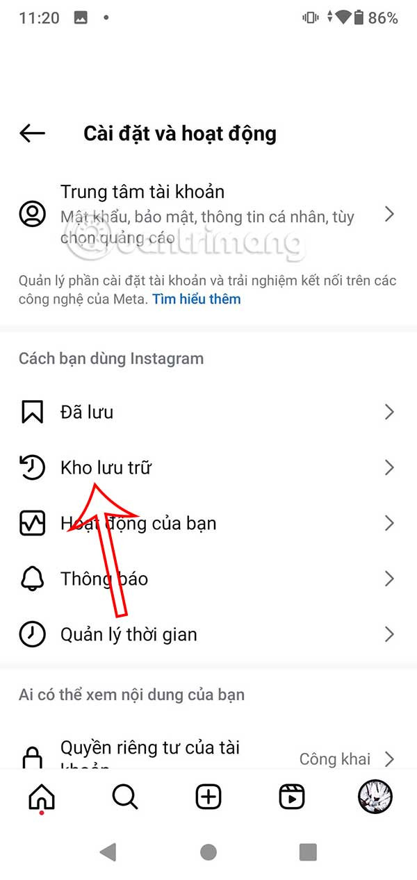 Giao diện Kho Lưu Trữ trên Instagram