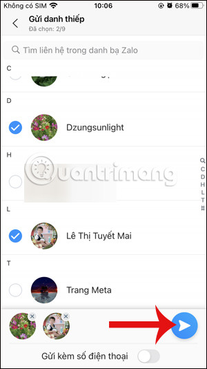 Gửi nhiều danh thiếp trên Zalo