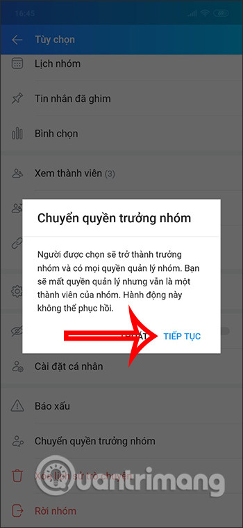 Thông báo chuyển quyền Admin