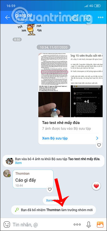 Thông báo đổi Admin nhóm chat Zalo