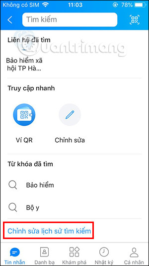 Truy cập thanh tìm kiếm Zalo trên iPhone