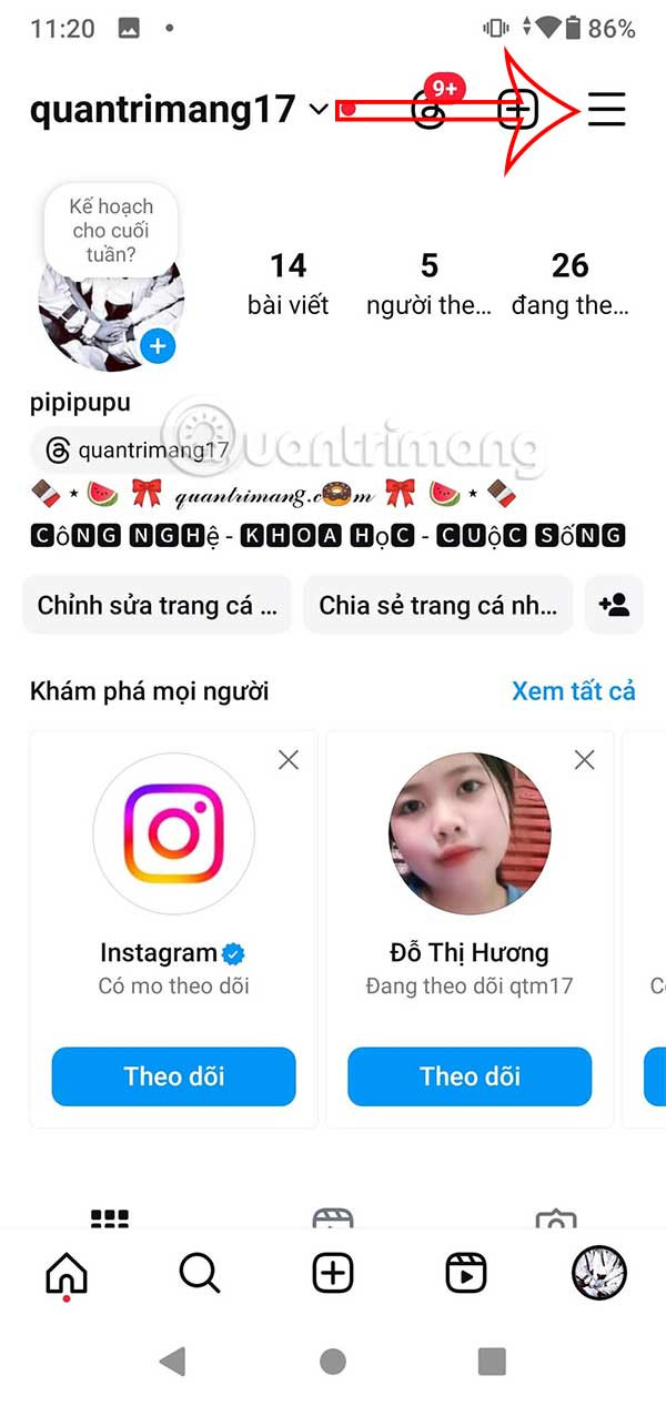 Truy cập vào cài đặt Instagram với biểu tượng ba gạch ngang