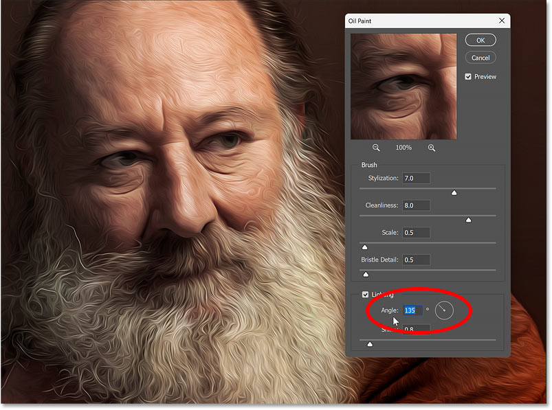 Tùy chọn Angle trong hộp thoại bộ lọc Oil Paint