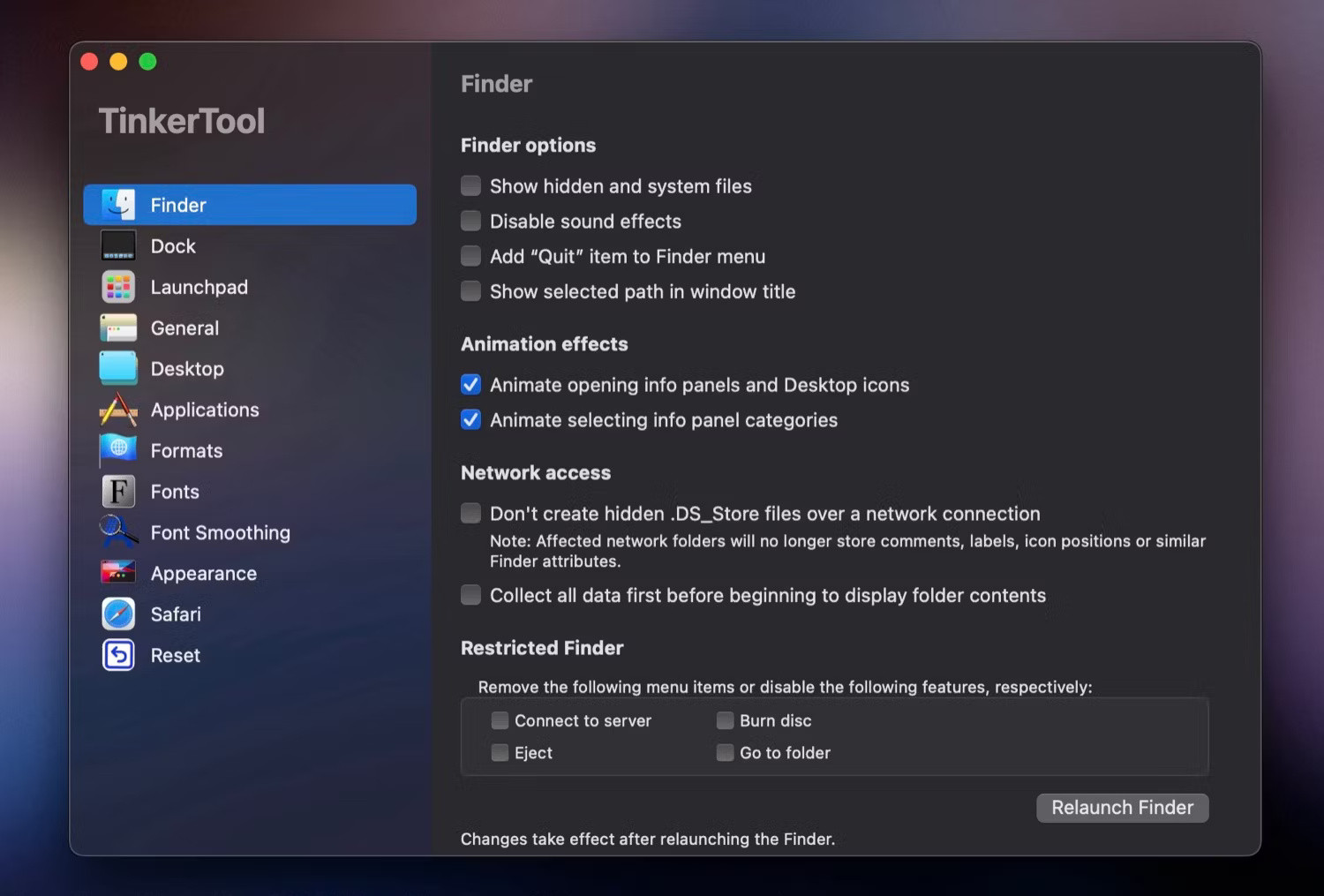 Ứng dụng TinkerTool Mac hiển thị tất cả các tinh chỉnh có sẵn cho các thành phần hệ thống và ứng dụng khác nhau.