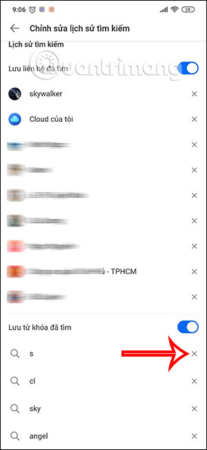 Xóa từng nội dung tìm kiếm cụ thể